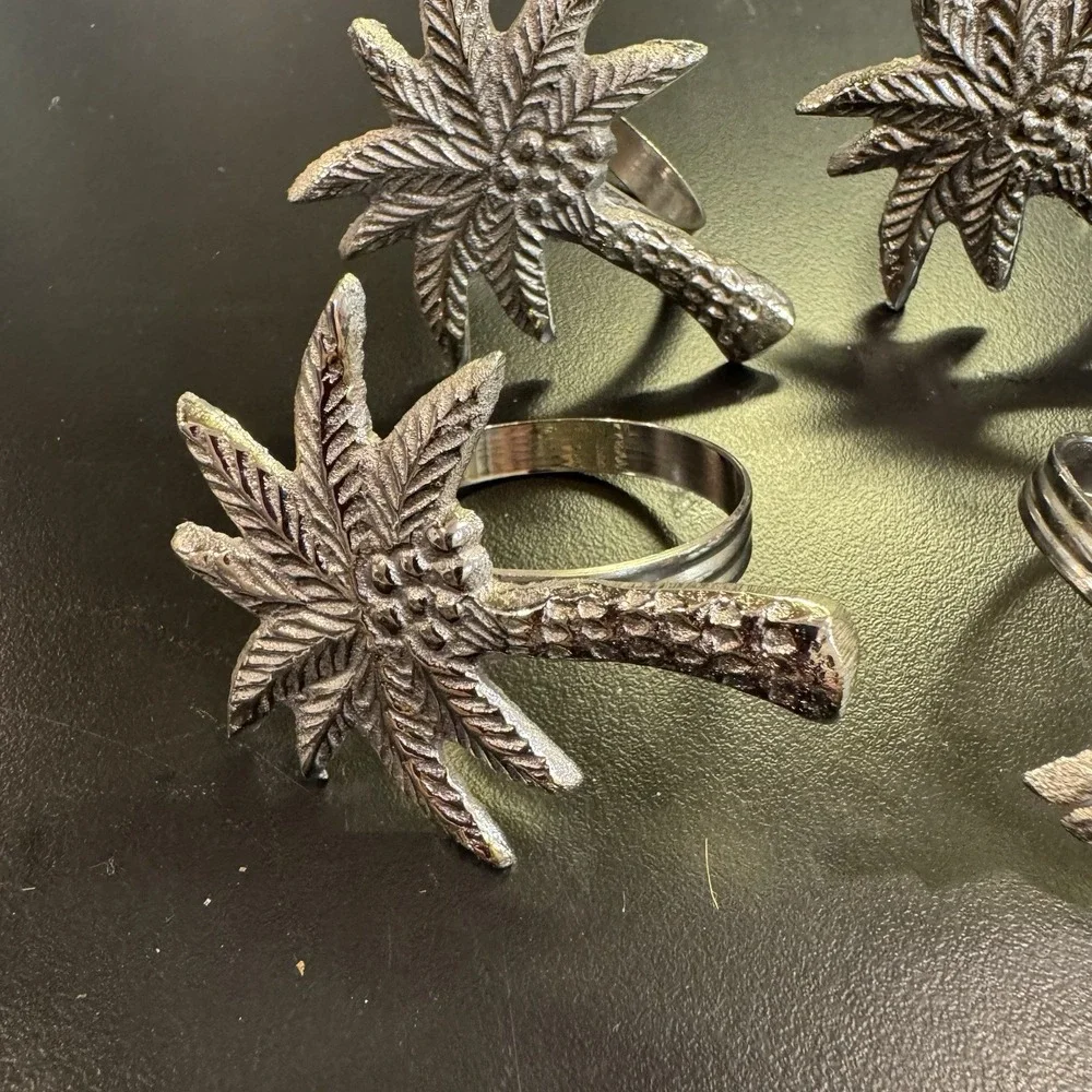 Silver Palm Tree Napkin Holders w Rings Pewter Set of 6 Beach‎ Hawaiian Themed
